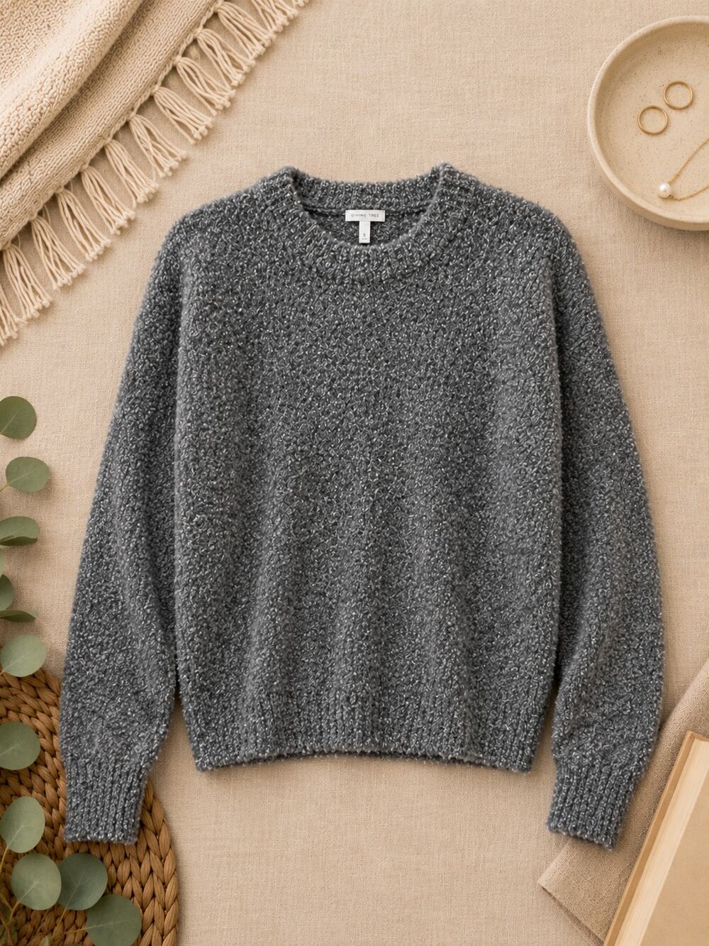 LOFT Women's Metallic Eyelash Knit Sweater Gray Crew Neck Festive Glam Size M